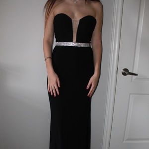 Blush Prom black strapless gown